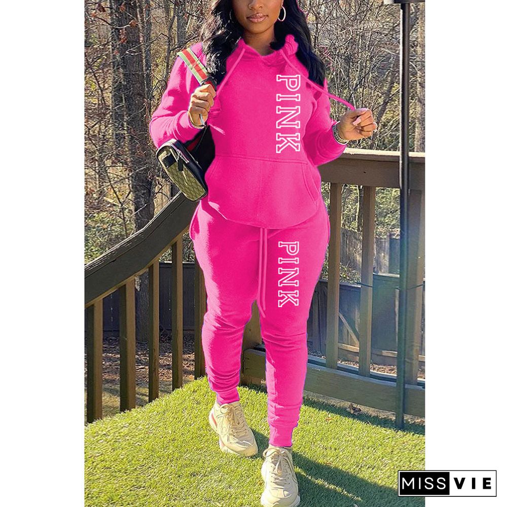 PINK Letter Print Pullover Hoodies and Pants Tracksuit