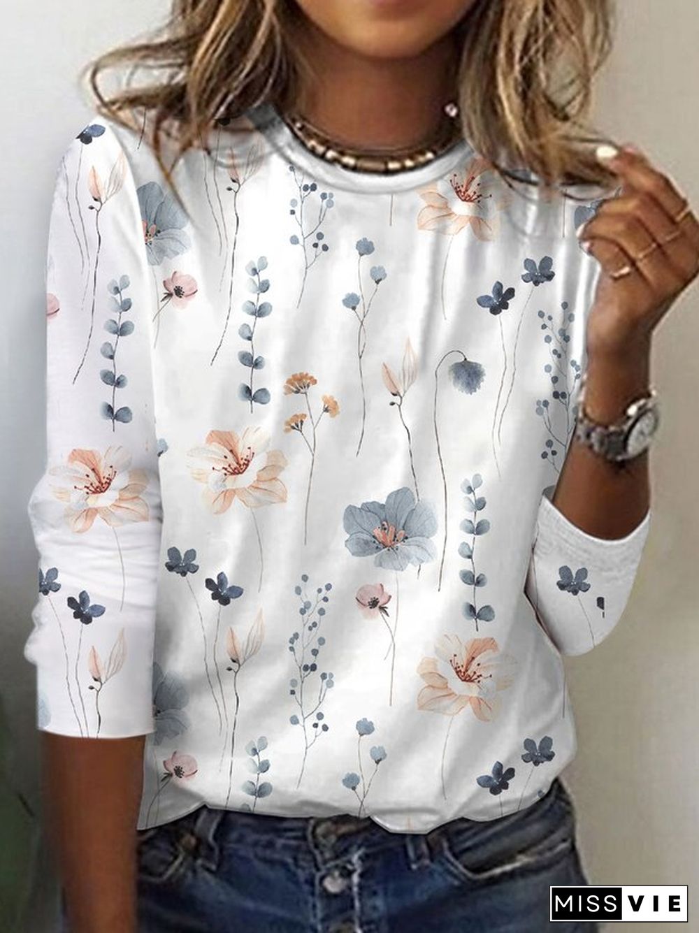 Floral Print Casual Crew neck Long Sleeve T-Shirt