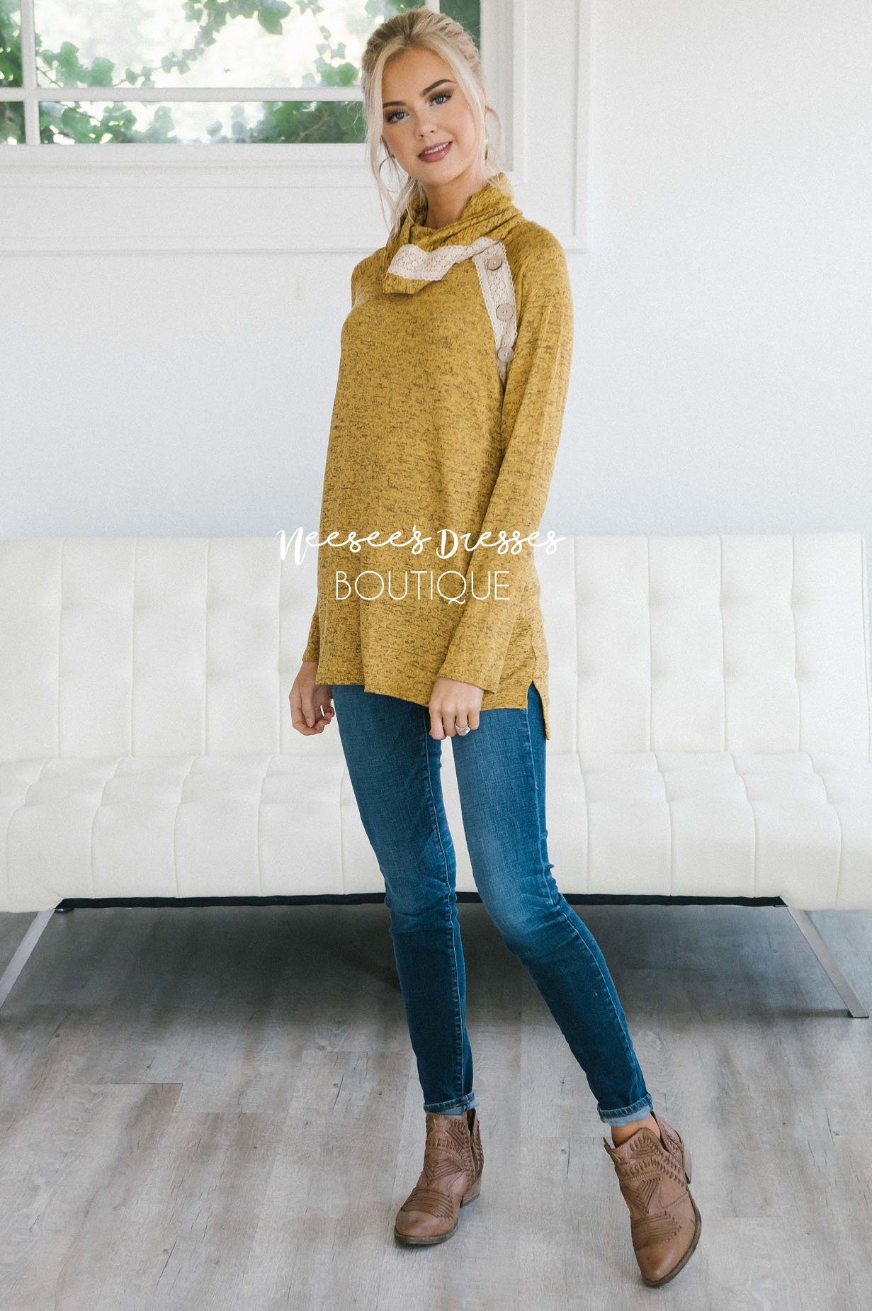 Lace & Buttons Cowl Neck Sweater