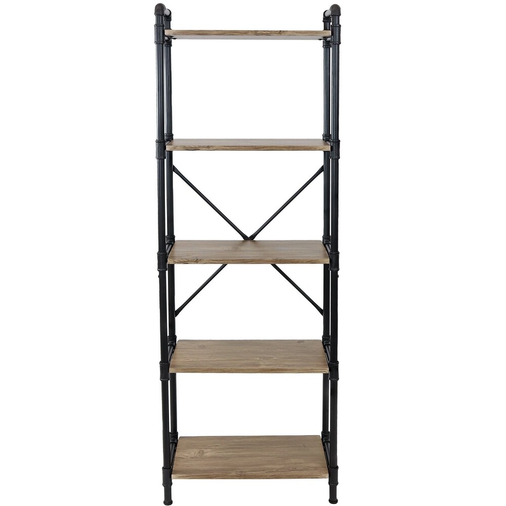 5 Tier Black Pipe Bookshelf with Wood Veneer Shelves