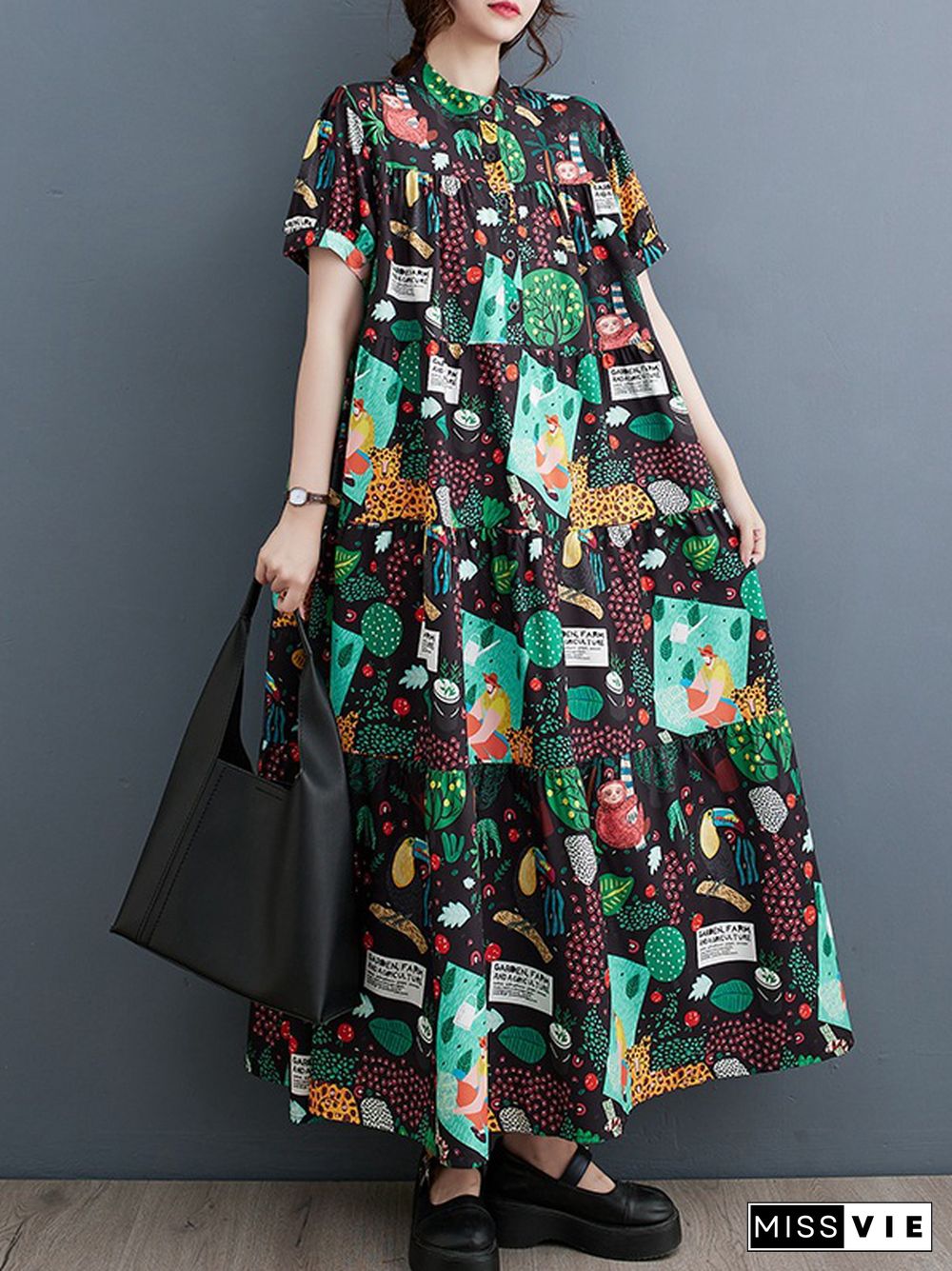 Loose Short Sleeves Buttoned Printed Split-Joint Stand Collar Midi Dresses