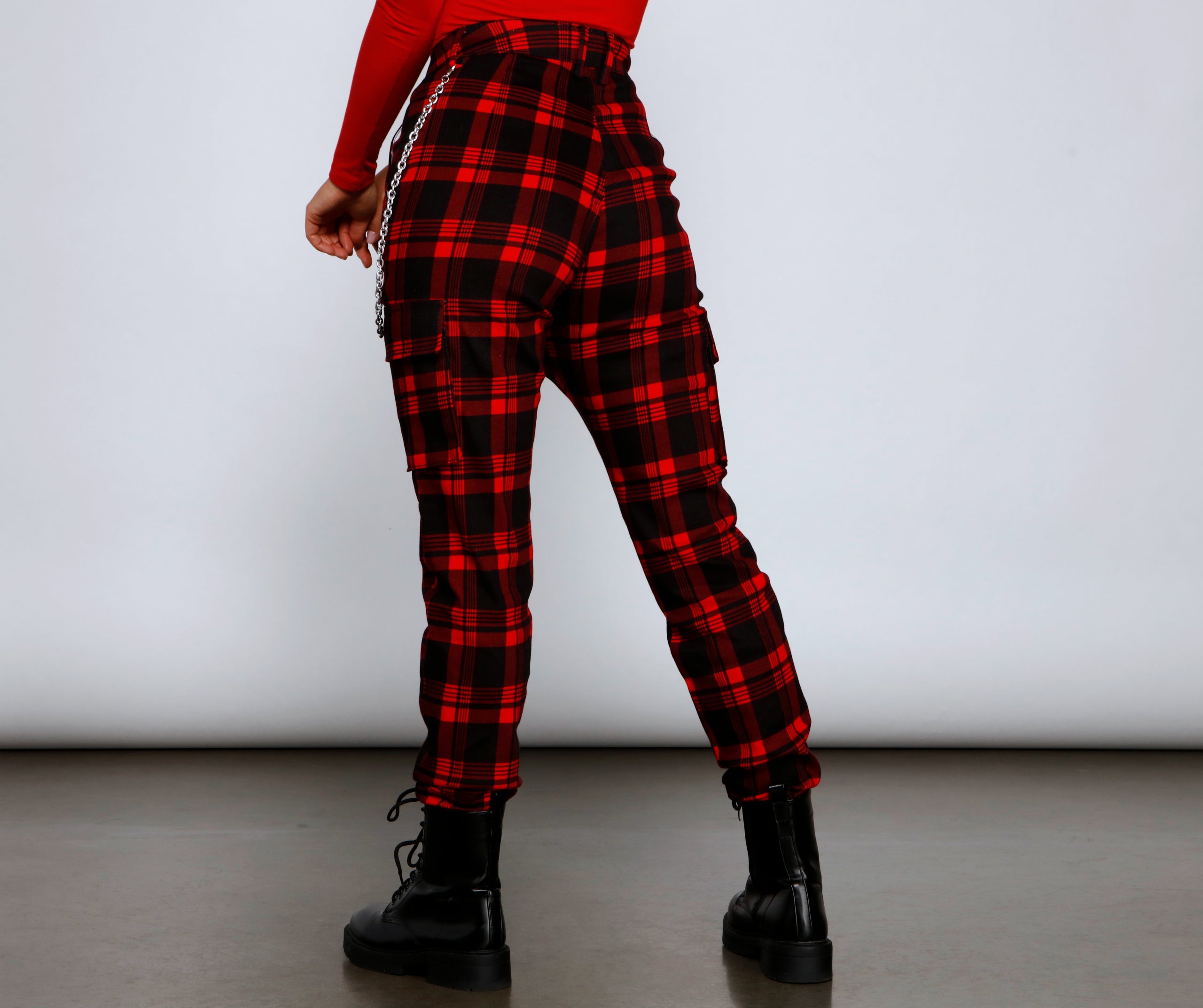 High Waist Plaid Joggers With Chain