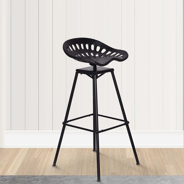 38 Inch Industrial Metal Barstool with Footrest， Swivel， Adjustable Seat Height， Angled Legs， Black