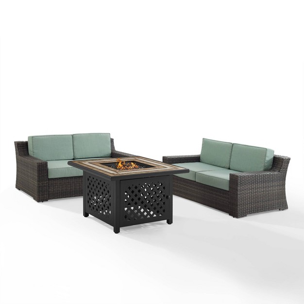 Beaufort 3 Pc Outdoor Wicker Conversation Set 2 Loveseats With Fire Table Mist brown Crosley