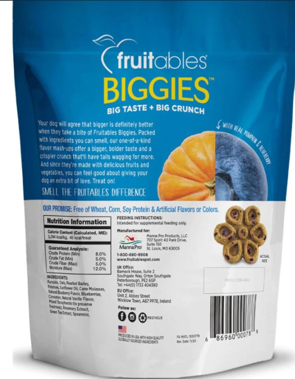 Fruitables Biggies Pumpkin and Blueberry Dog Biscuits， 16oz. Bag