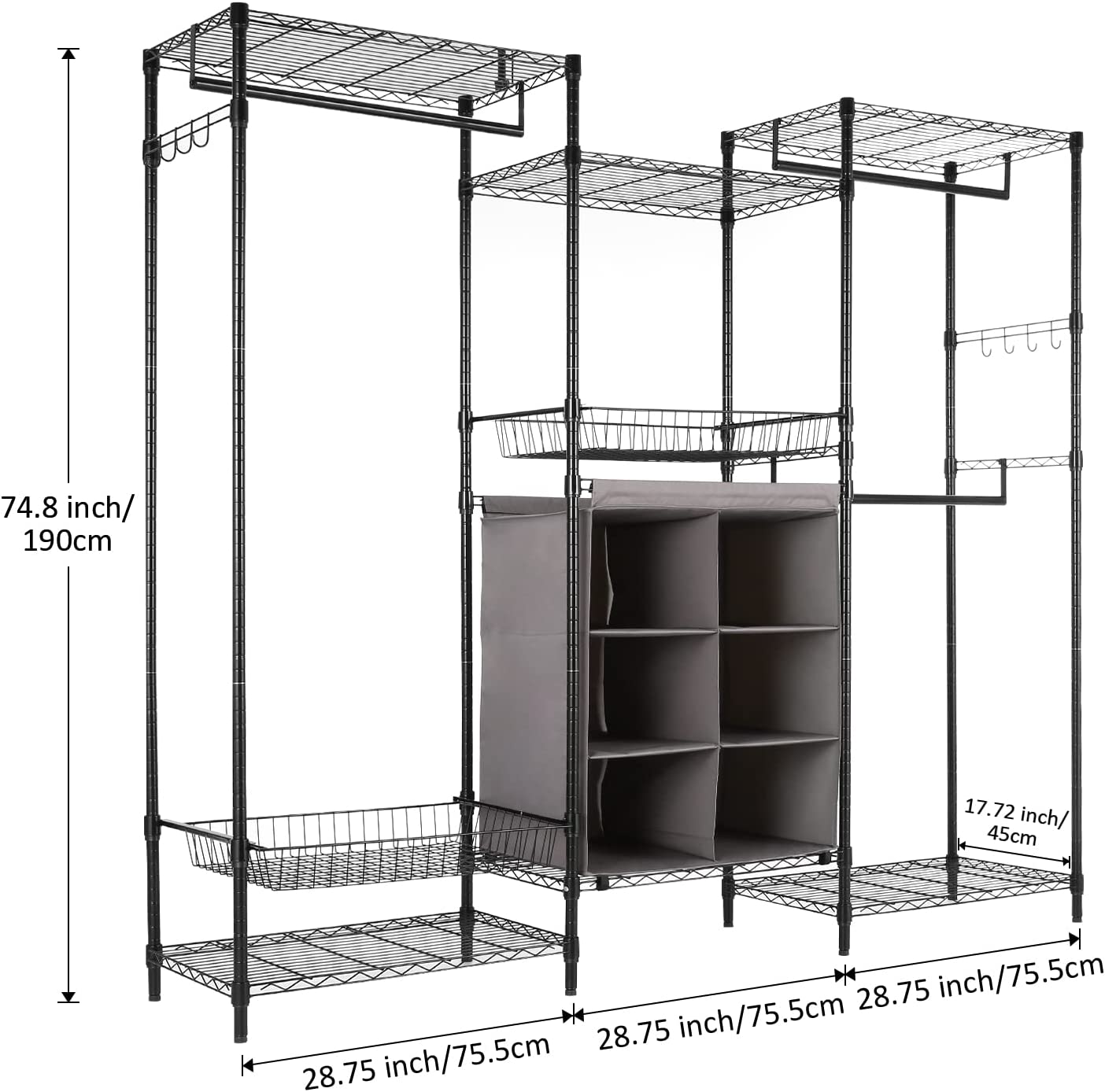 Garment Rack Heavy Duty Wire Clothes Rack with Closet Organizer Storage and Wire Metal Baskets Drawer, Max Load 800LBS, Black