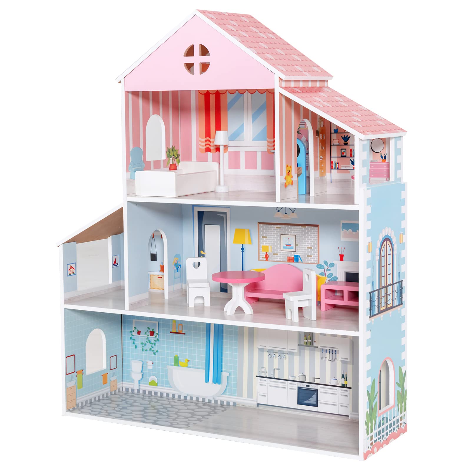 Costzon Wooden Dollhouse, 3-Story Pretend Play Doll House with Living Room Bedroom