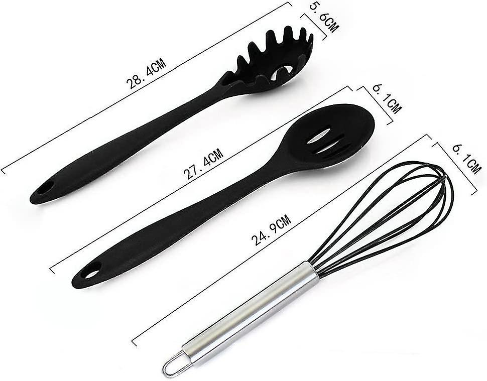 10 Pcs Silicone Kitchen Utensils Kit， Bpa Free， Contains 2 X Spatula Kitchen Spoon Ladle Spaghetti Spoon Serving Spoon Whisk Tong Brushes (10 Pcs Blac