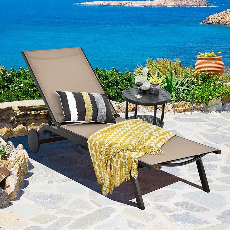 Aluminum Patio Chaise Lounge Chair with Wheels, 6-Position Fabric Outdoor Sun Lounger for Pool Beach Deck Yard