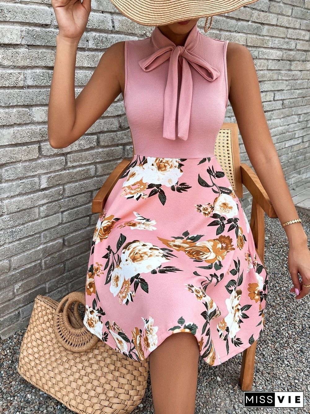 Floral Sleeveless Neck Tie Mini Dress