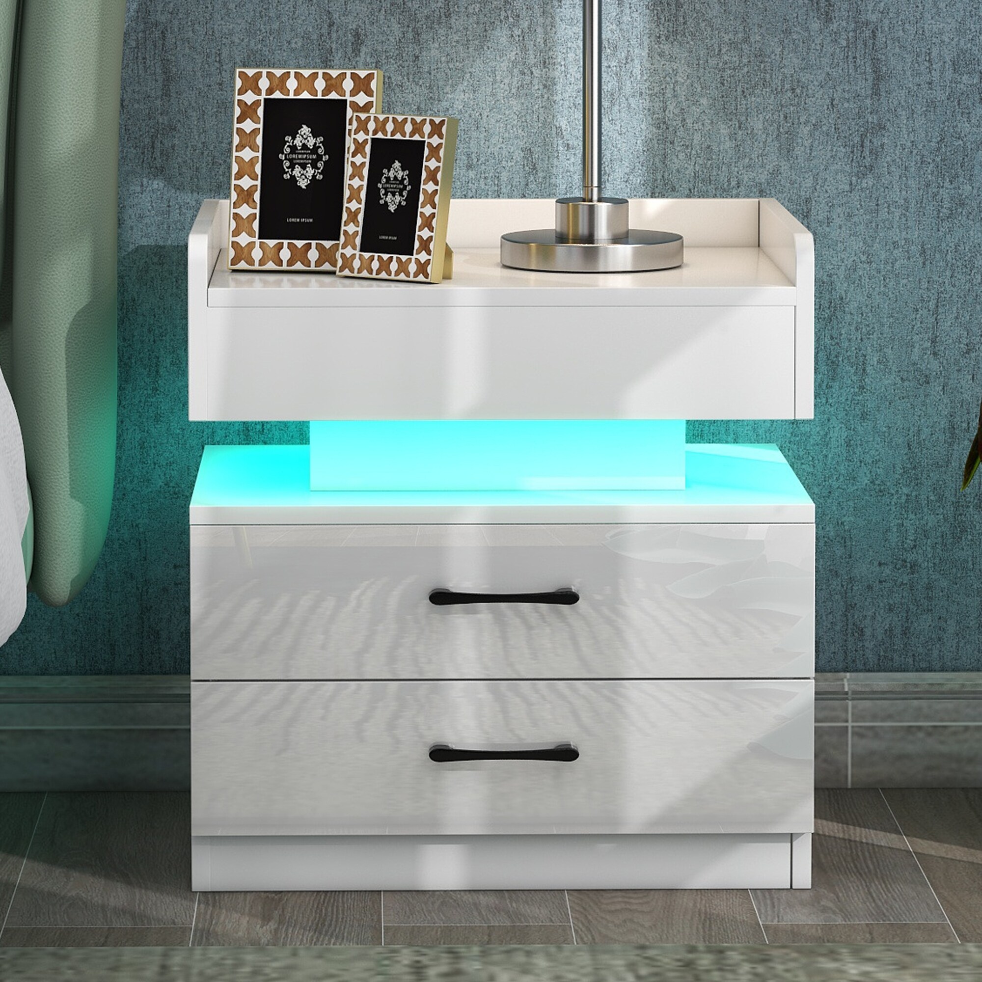 Nightstand with 2 Drawers and Remote Control LED Light - - 37953452