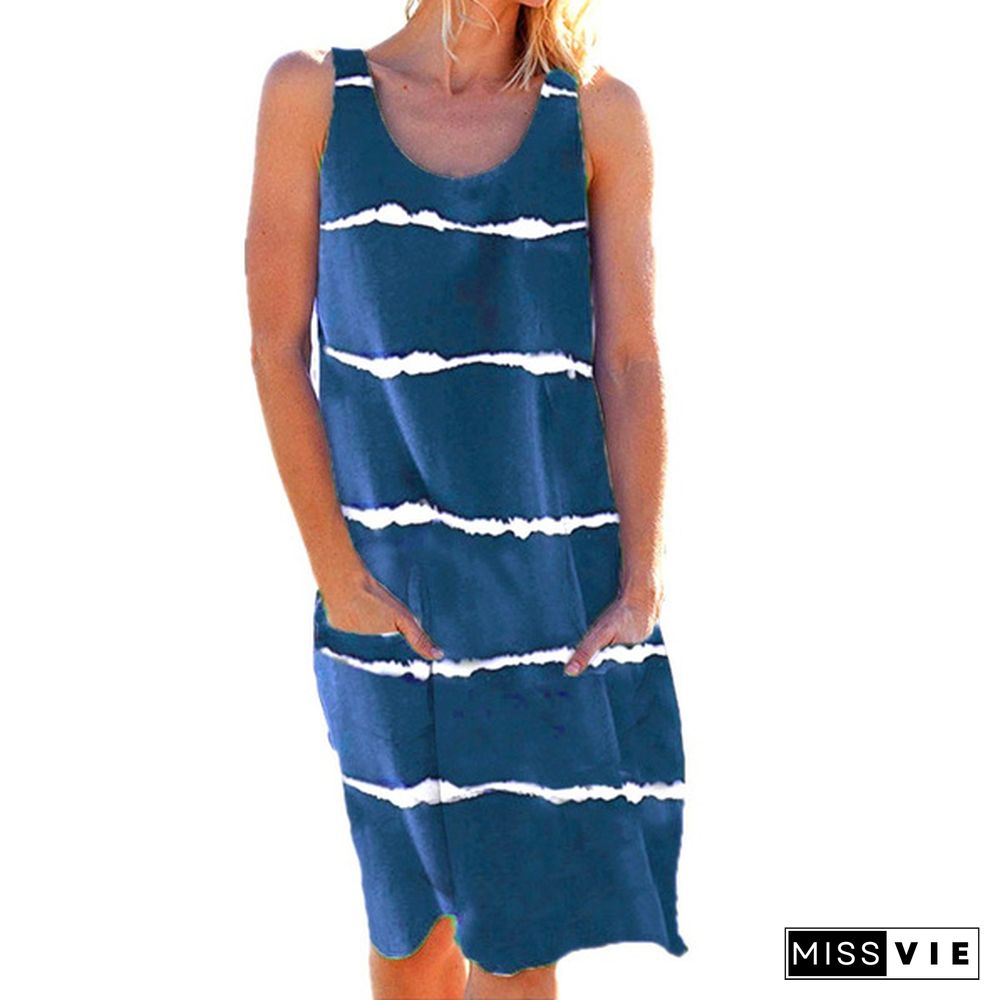 XS-8XL Summer Dress Plus Size Fashion Clothes Women's Casual Sleeveless Dresses Beach Wear Striped Dress with Pockets Ladies Off Shoulder Printed Party Dress O-neck Cotton Loose Dress