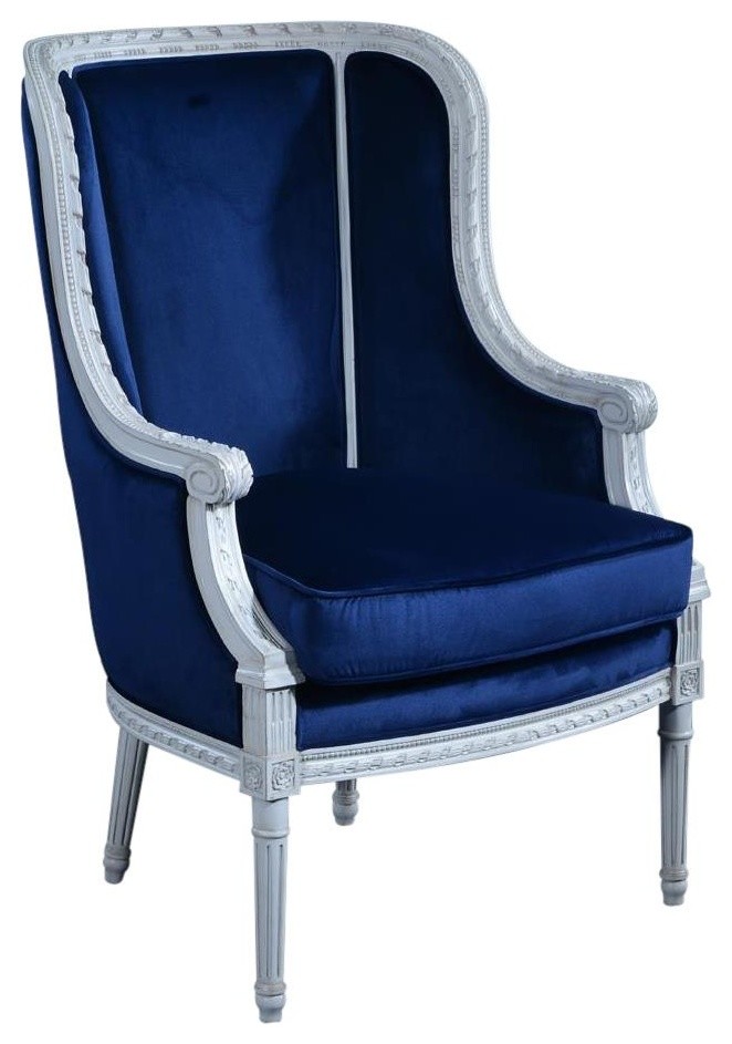 Bergere Chair Louis XVI French Hand Carved Venetian White Wood Blue   Armchairs And Accent Chairs   by EuroLuxHome  Houzz