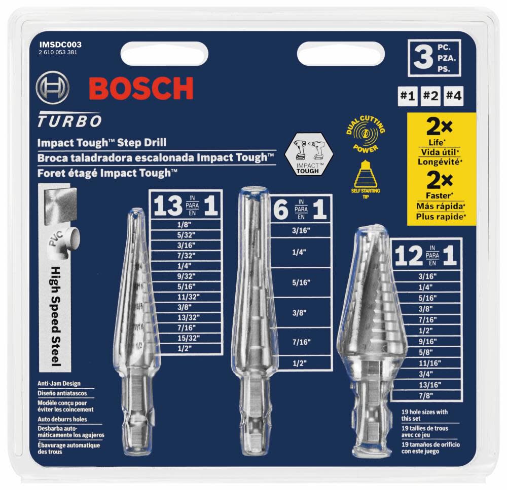 Bosch High Speed Steel Impact Tough Turbo Step Drill Bit Set 3pc IMSDC003 from Bosch