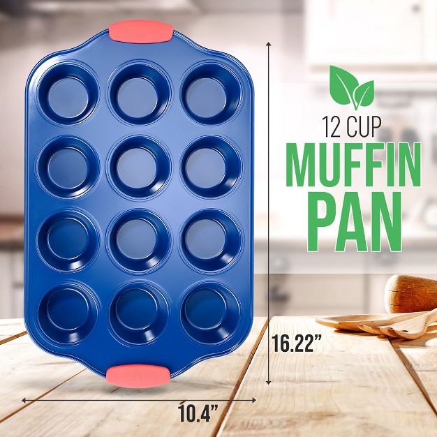 Nutrichef 12 Cup Muffin Pan Deluxe Nonstick Blue Coating Inside amp Outside