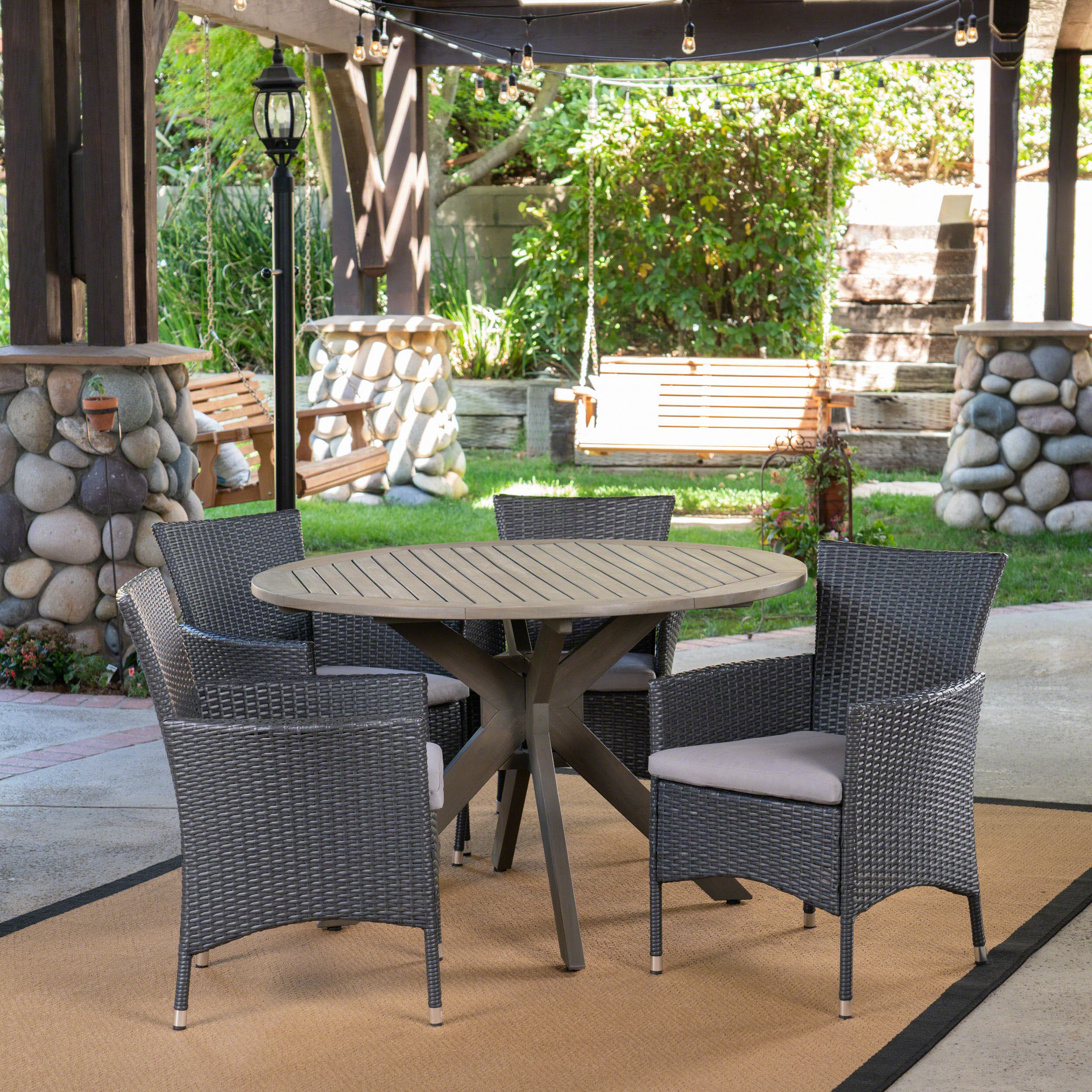 Key Outdoor 5 Piece Wood and Wicker Dining Set, Gray and Gray