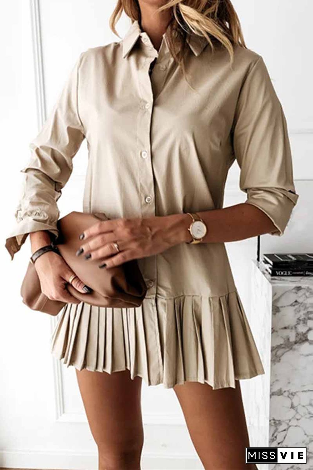 Casual Long Sleeve Pleated Solid Color Mini Dress