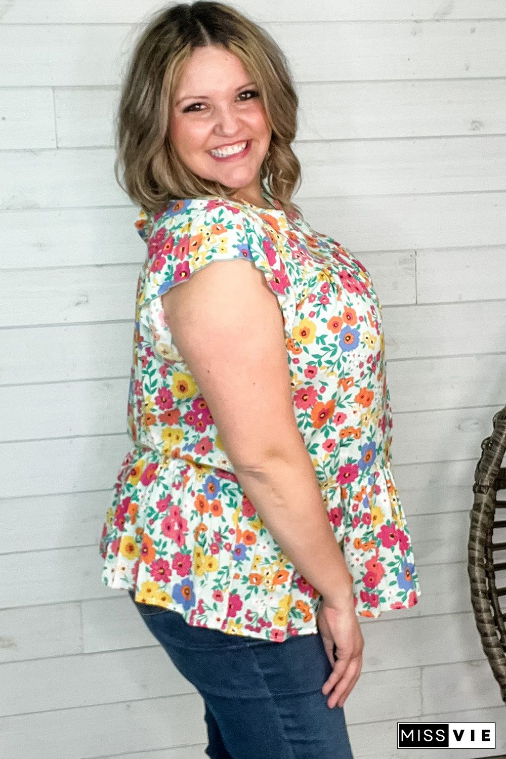 Multicolor Plus Size Floral Print Ruffle Tiered Tunic Top