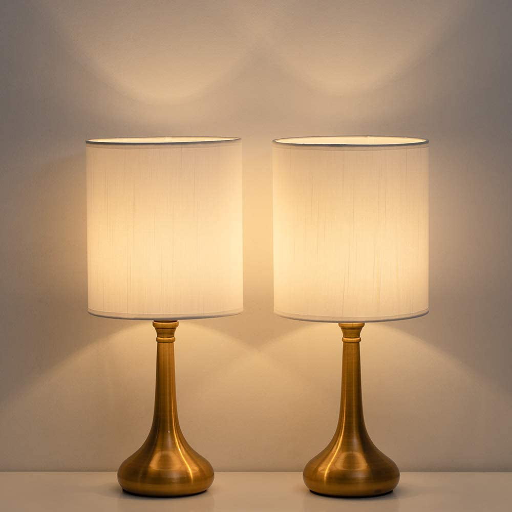 Modern Nightstand Lamps Set of 2 with Gold Metal Base and White Fabric Shade