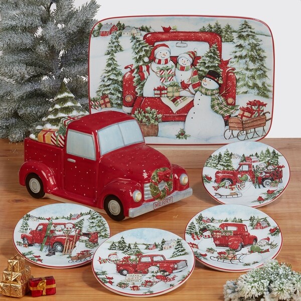 Certified International Red Truck Snowman Rectangular Platter，16 X 12