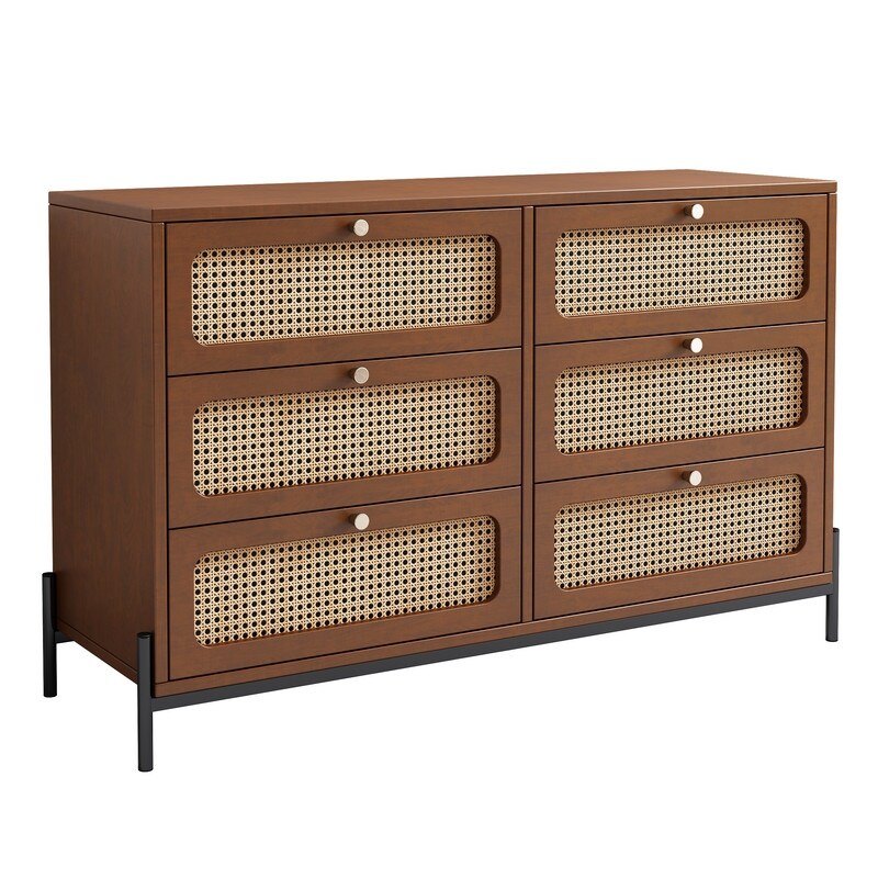 47'' Modern Solid Wood 6 Drawer Dresser with Rattan Decorative Doors (2 Colors）