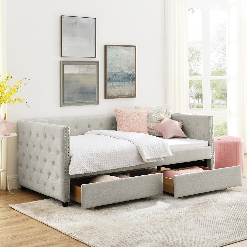 Upholstered Twin Size Daybed with Two Drawers