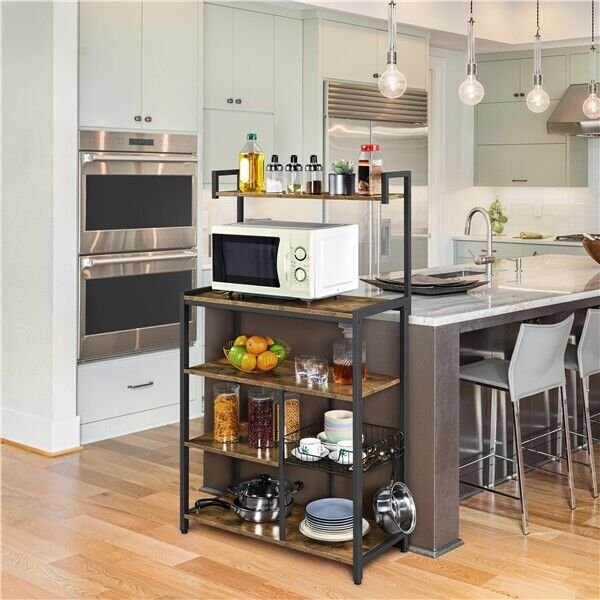 Kitchen Baker's Rack Microwave Stand with Storage Shelves and Metal Basket Hooks