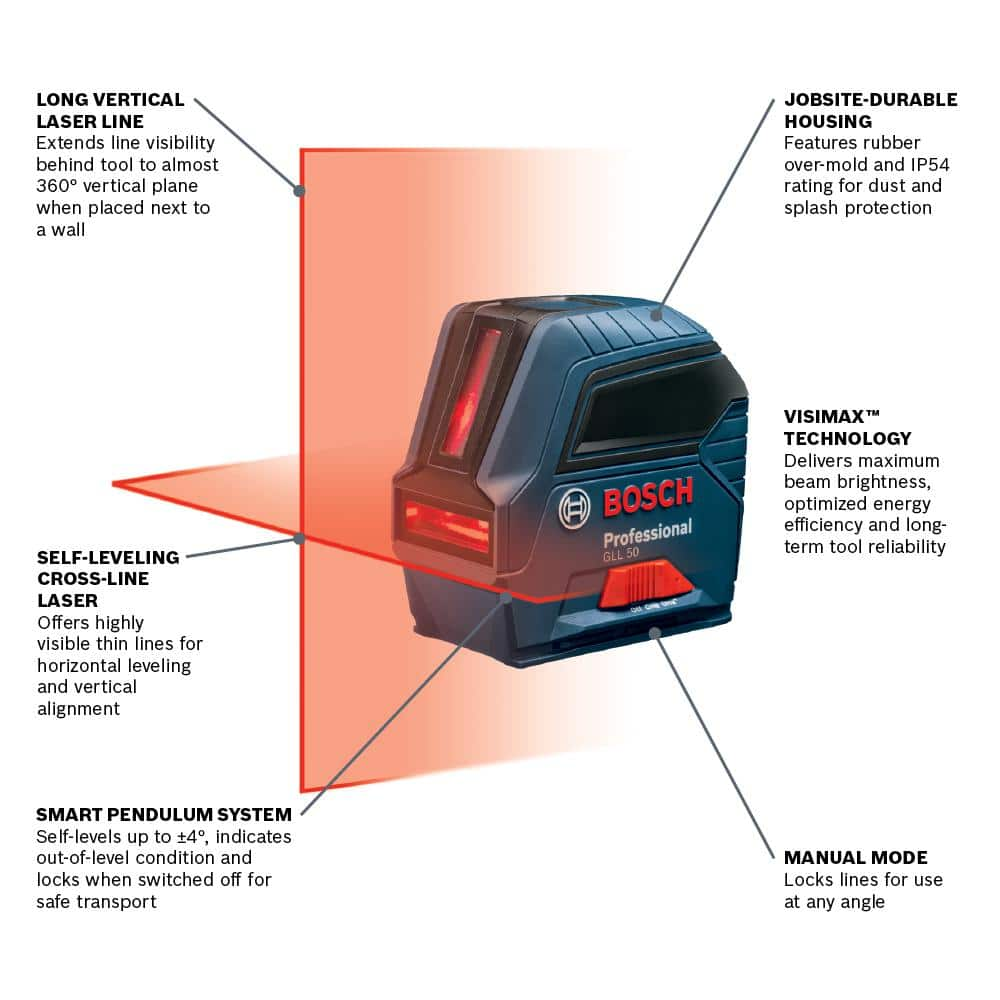 Bosch 50 ft. Cross Line Laser Level Self Leveling with VisiMax Technology, L-Bracket Adjustable Mount and Hard Carrying Case GLL 50