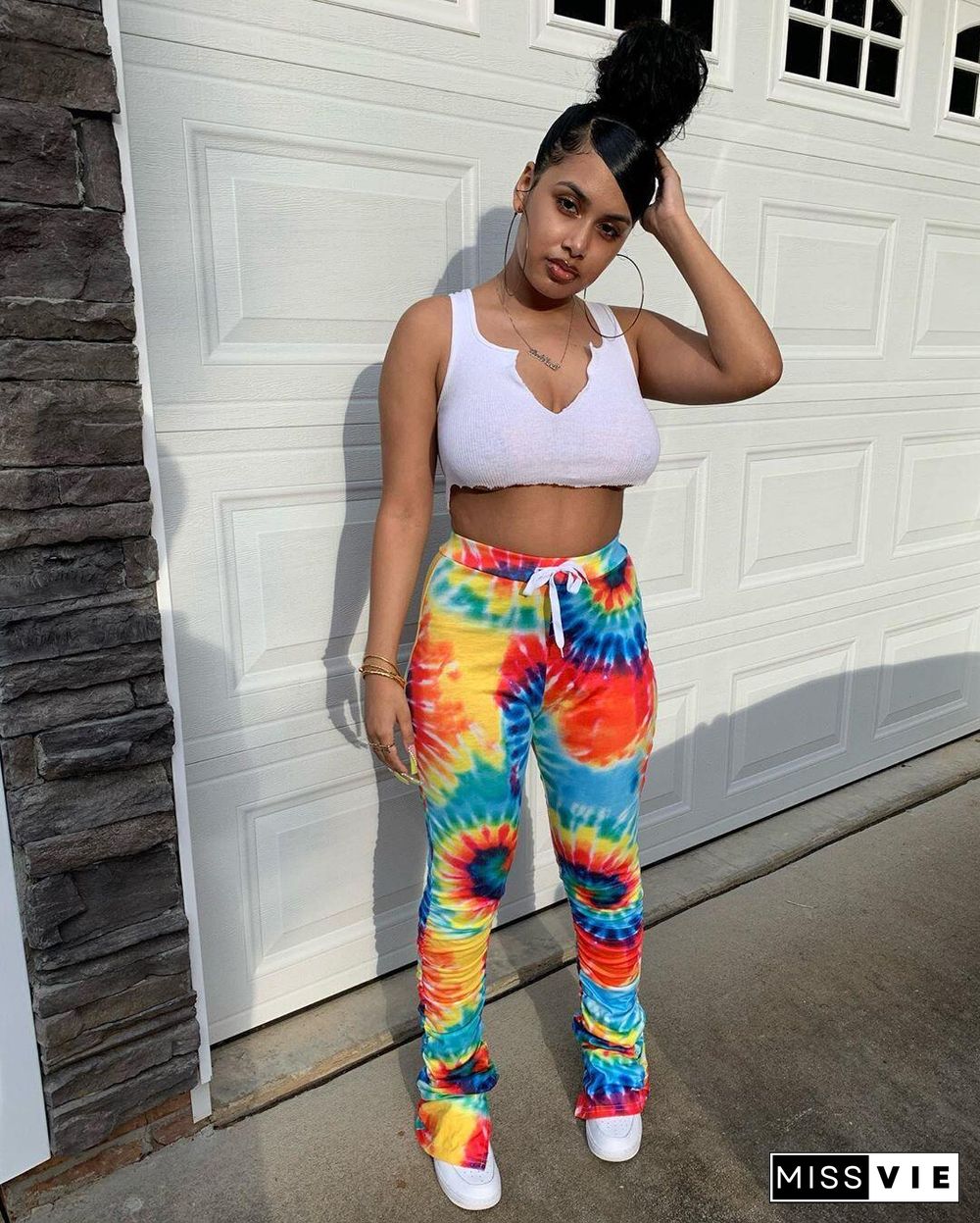 Tie Dye Skinny Lace Up Mid Waist Flare Pants