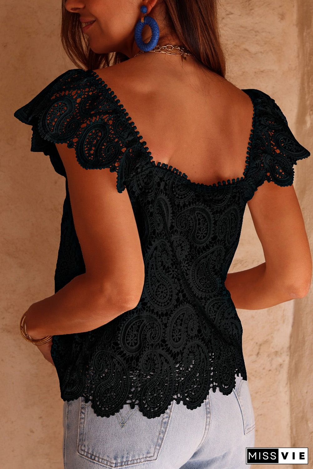 Lace Crochet Ruffled Square Neck Tank Top