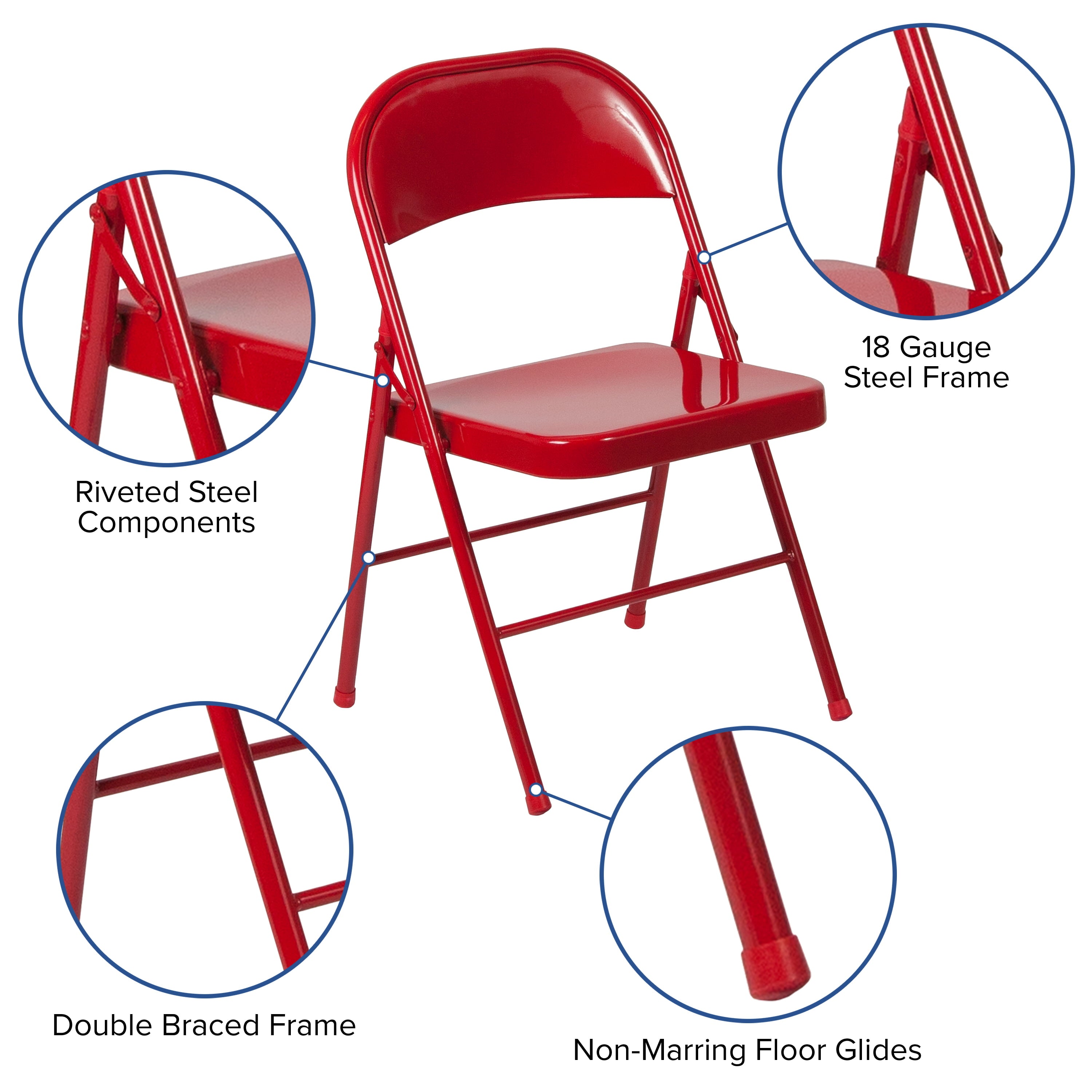 Emma + Oliver 2 Pack Double Braced Red Metal Folding Chair