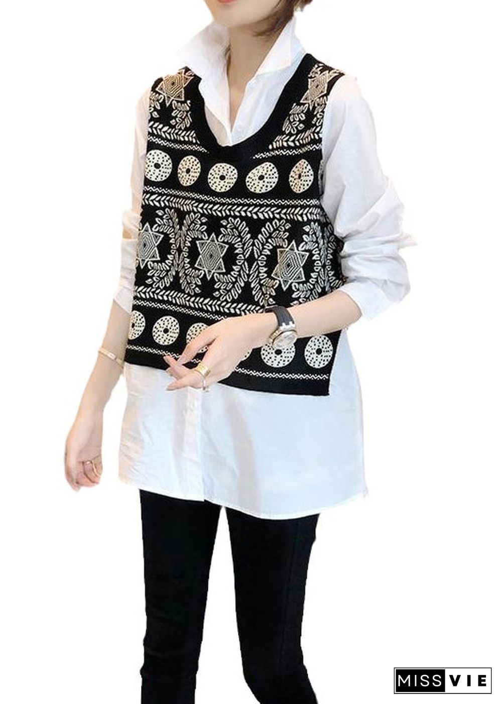 Beautiful Black Knit Vest And White Shirts Two Pieces Set Fall