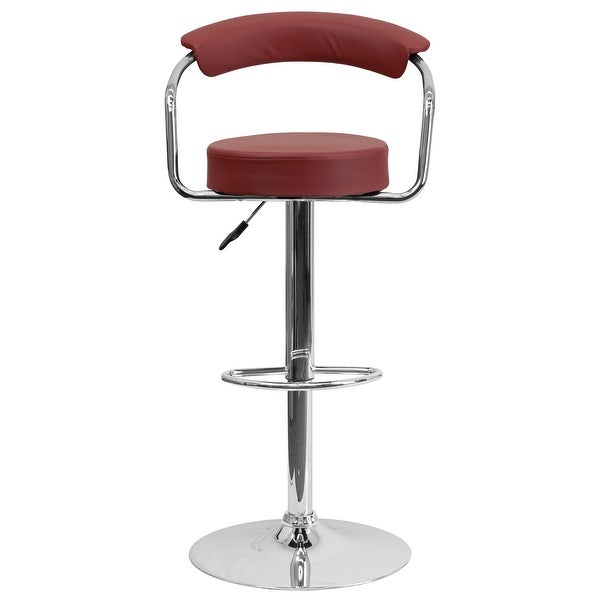 Contemporary Burgundy Vinyl Adjustable Height Barstool with Arms and Chrome Base