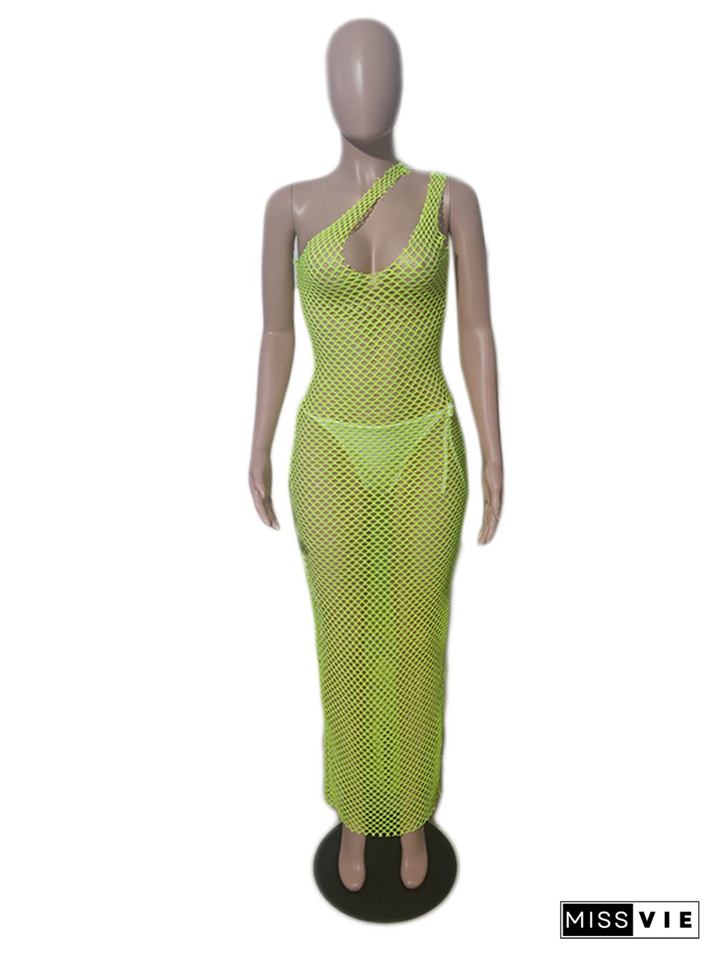 OMSJ Sexy Fishnet Mesh Club Maxi Dress Summer Y2K Newest Irregular Sleeveless Hole Transparent Bodycon Backless Long Dress