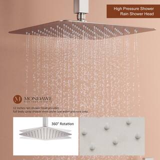 Mondawe LED Display 3 Spray Patterns 12in. Ceiling Mount Fixed and Handheld Shower Head in Brushed Nickel 2.5 GPM Valve Included WFNI6025-12BN