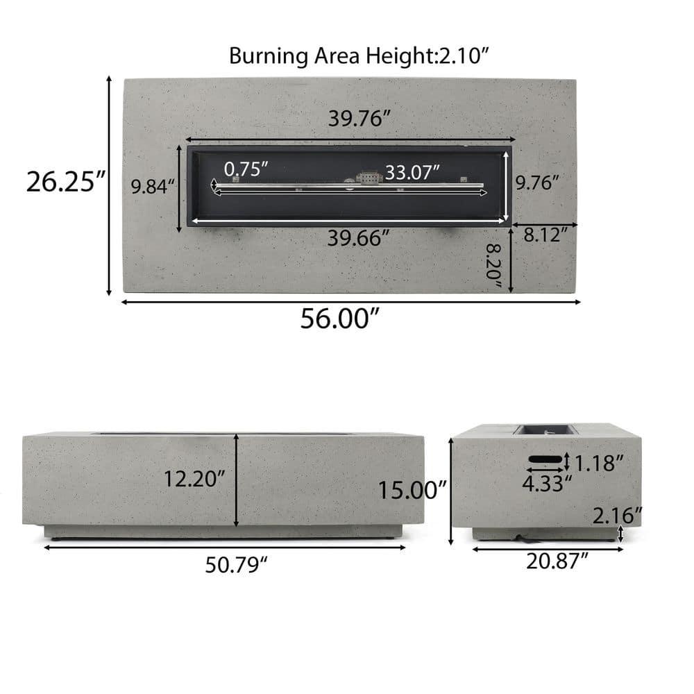 Noble House Aidan 56 in x 1500 in Rectangular MGO Gas Fire Pit Table in Light Grey  50000 BTU with Tank Holder