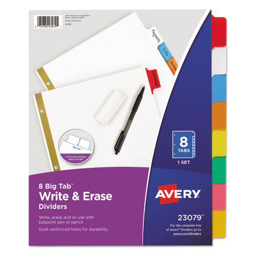 Avery Write and Erase Big Tab Paper Dividers， 8-Tab， Multicolor， Letter (23079)