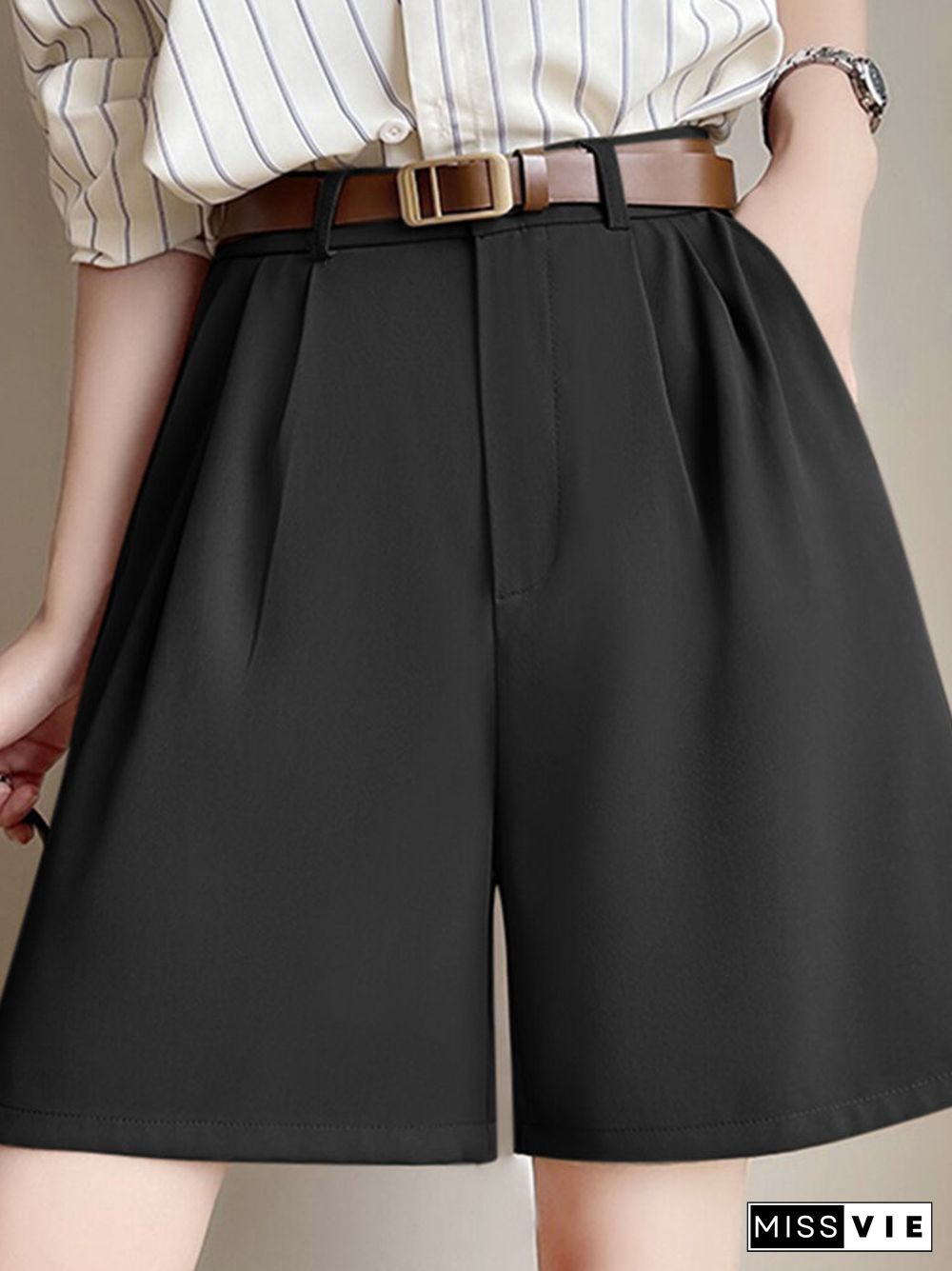 Women Solid Pocket Elastic Waist Back Wide Leg Shorts