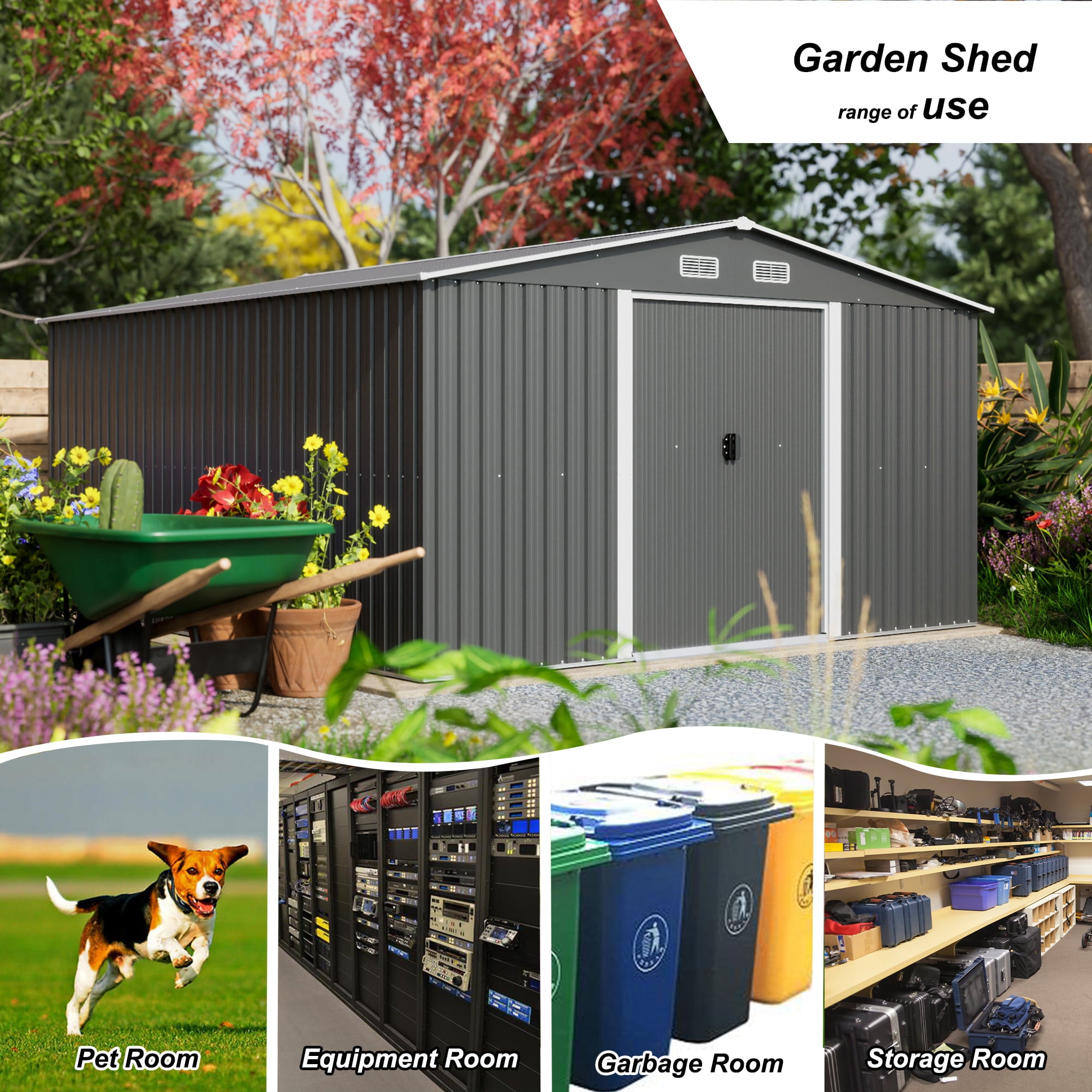 LZBEITEM 11 x 13 ft. Outdoor Metal Storage Shed，Galvanized Steel Garden Shed，Metal Garden Tool Shed with Double Lockable Sliding Doors for Backyard Patio Lawn,Black