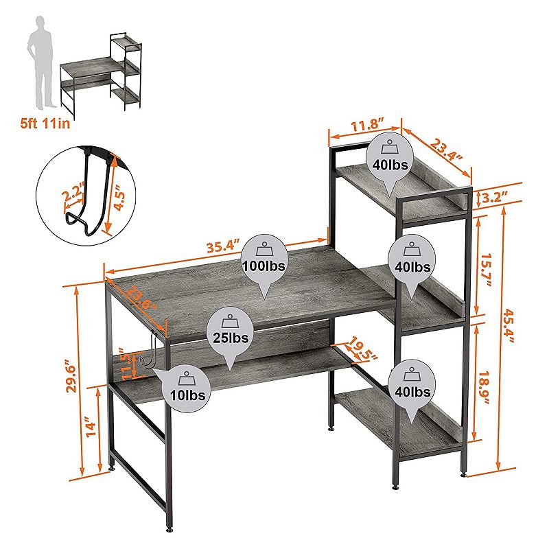 Bestier Computer Office Desk Workstation with Side Storage Shelves and Hook， Grey