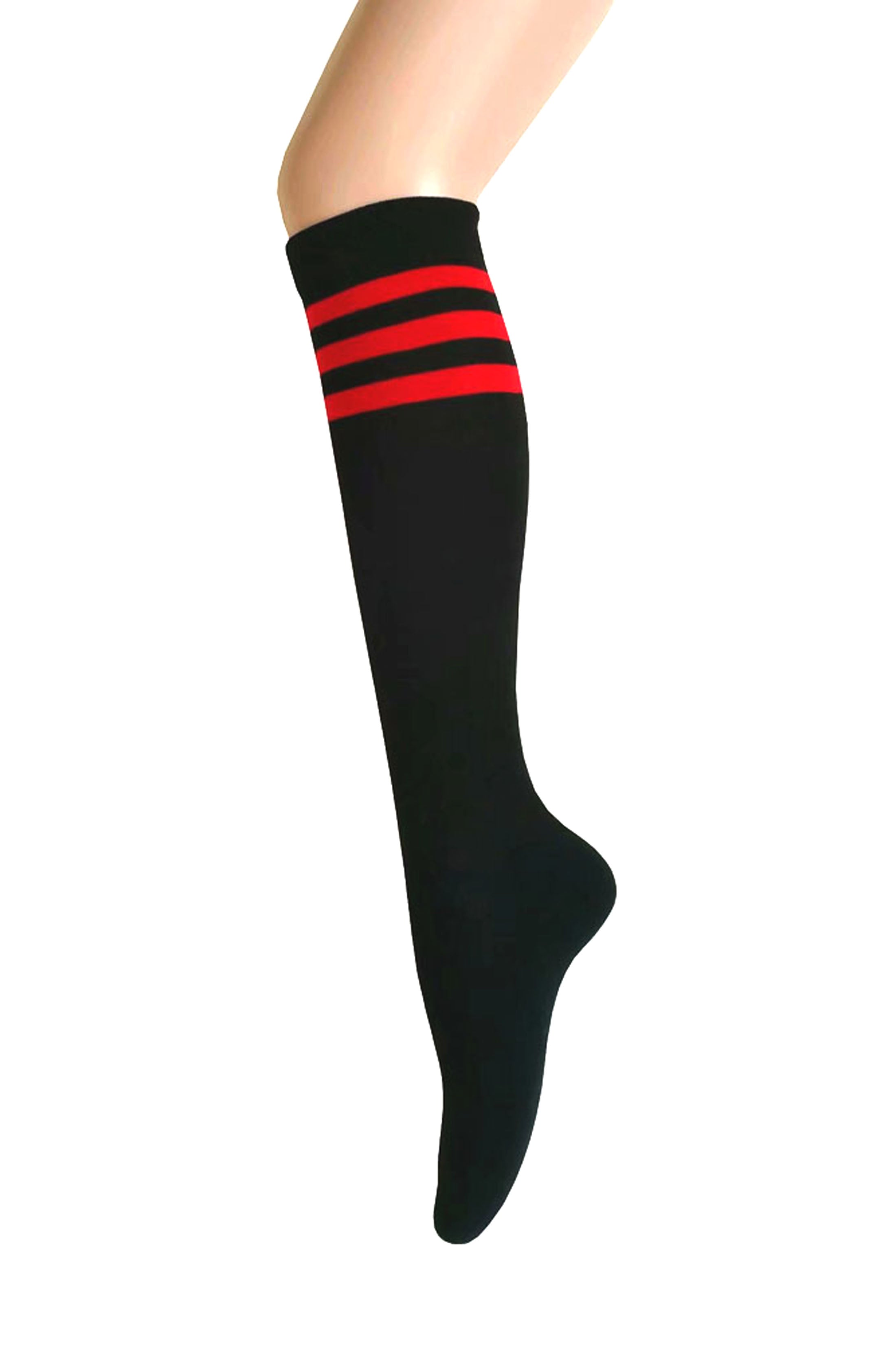 Women and Girls Roller Skate Retro Triple Stripes Tube Knee High Socks In Black with Orange Color