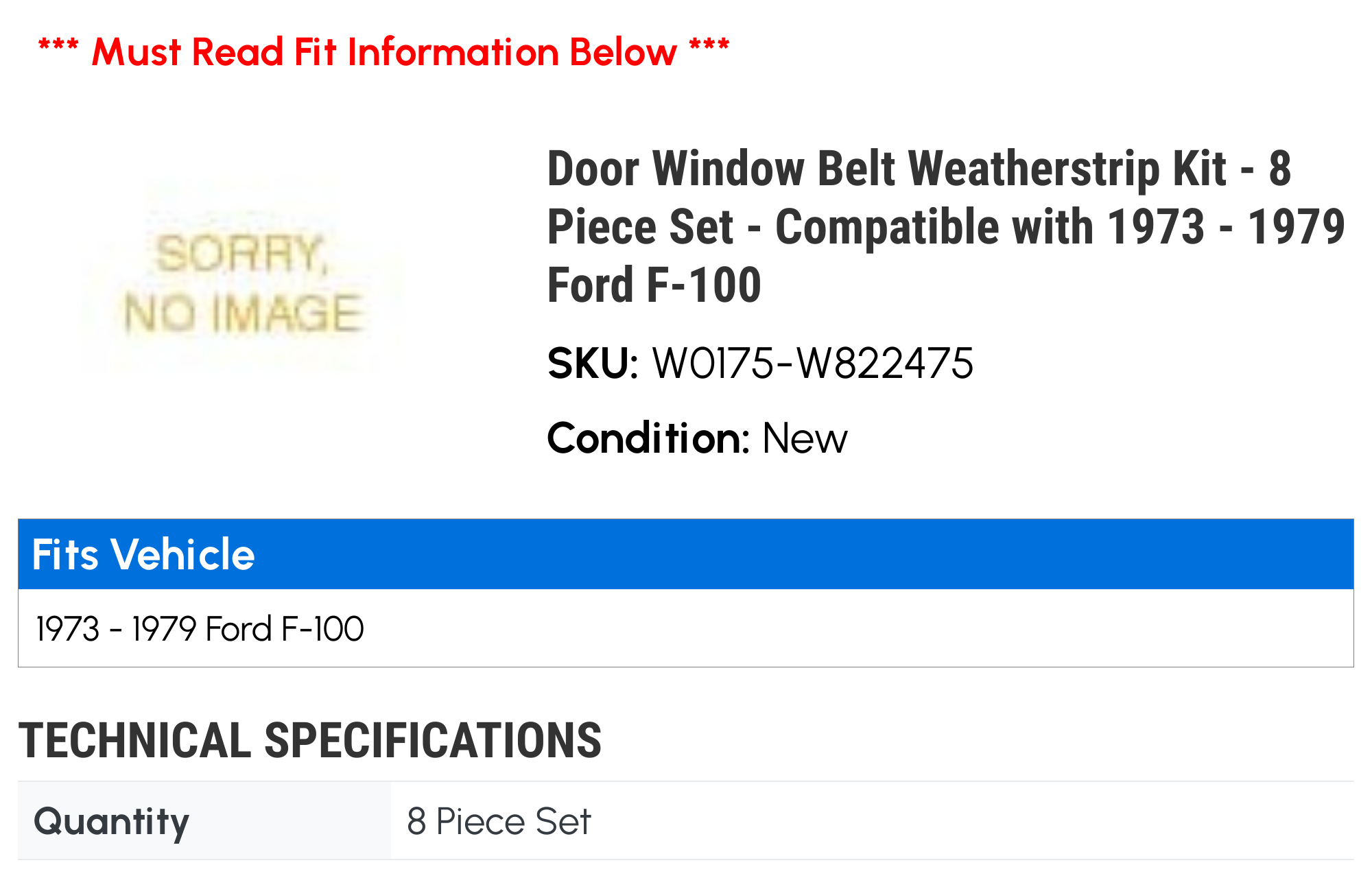 Door Window Belt Weatherstrip Kit - 8 Piece Set - Compatible with 1973 - 1979 Ford F-100 1974 1975 1976 1977 1978