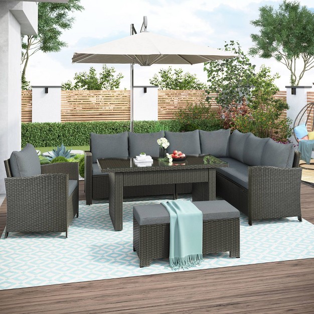 6pc Outdoor Set With Loveseats Sofa Chair Bench amp Coffee Table Gray Godeer