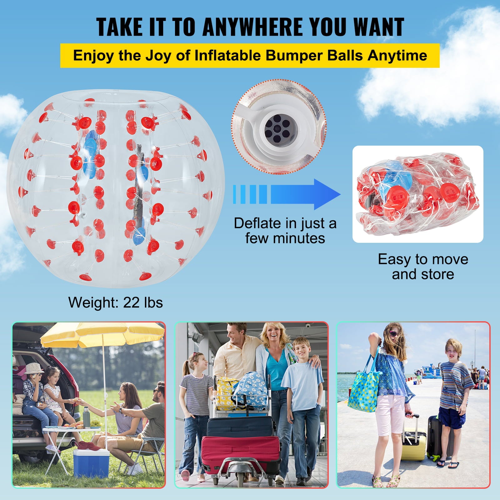 VEVORbrand Bumper Bubble Soccer Ball，5 ft/1.5 m Dia Inflatable Bumper Ball， Inflatable Body Zorb Ball for Kids Adults， Blow It Up in 5 Min， for Backyard， Park， Beach， Playing Center