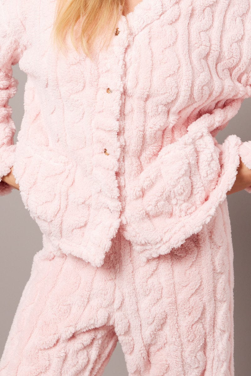Pink Fluffy PJ Set Cable Fleece Pyjamas