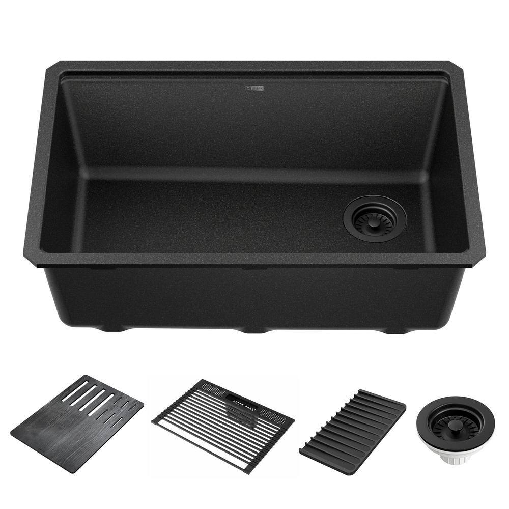 Delta Everest Metallic Black Granite Composite 29 in. Single Bowl Undermount Workstation Kitchen Sink with Accessories 75B933-30S-BL