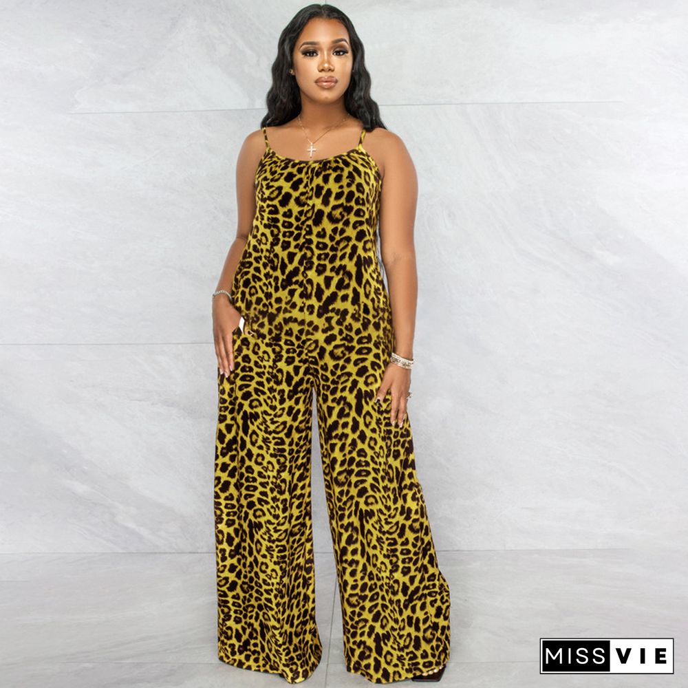 Leopard Spaghetti Strap Loose Plus Size Jumpsuits