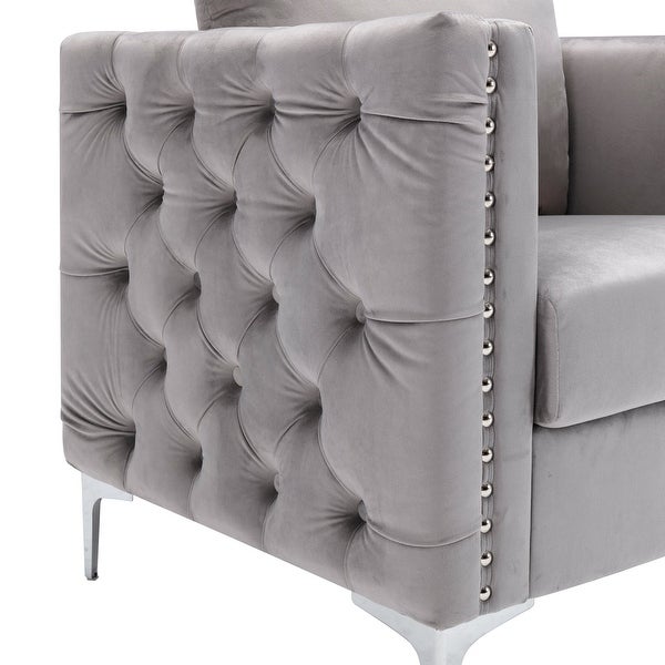 Modern Velvet Armchair Tufted Button Accent Chair Club Chair with Steel Legs