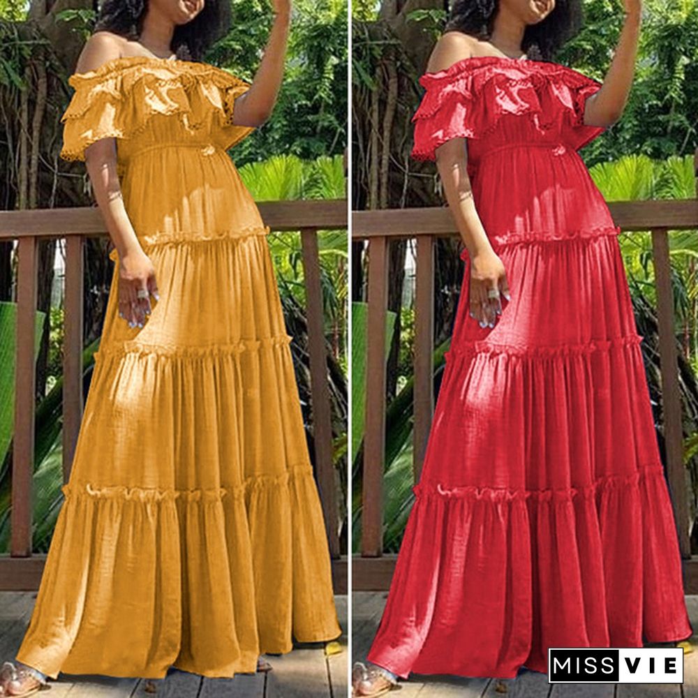 Women Off-shoulder Solid Color Casual Pleated Maxi Dress Summer Holiday Full Length Ruffle-trim Bohemian Beach Sundress Plus Size Vestidos