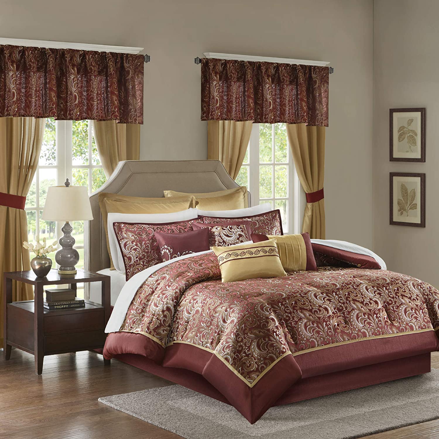 Master Bedroom 24 Piece Room in a Bag Faux Silk Comforter Jacquard Paisley Design Matching Curtains - Down Alternative Hypoallergenic